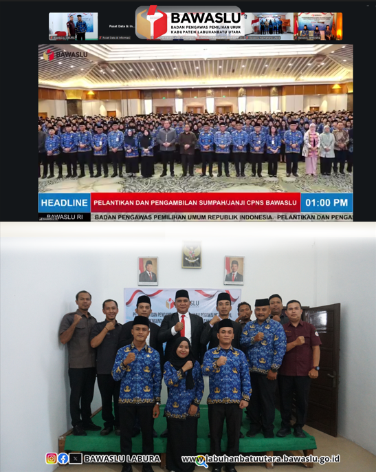 Foto bersama Ketua dan Anggota Bawaslu Kabupaten Labuhanbatu Utara, Koordinator Sekretariat, serta jajaran staf bersama pegawai yang resmi dilantik sebagai PNS Pengangkatan Pertama dalam Jabatan Fungsional usai mengikuti pelantikan dan pengambilan sumpah/janji secara daring melalui Zoom Meeting, Selasa (19/5/2026).