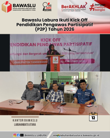 Ketua Bawaslu Labuhanbatu Utara Maruli Sitorus bersama Anggota Bawaslu Labura Supriadi dan Juskanri Sihaloho mengikuti kegiatan Kick Off Pendidikan Pengawas Partisipatif (P2P) Tahun 2026 secara daring bersama jajaran staf di Kantor Bawaslu Labuhanbatu Utara, Selasa (12/5/2026).