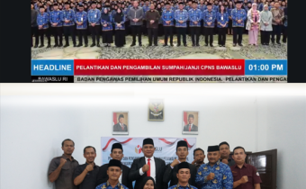 Foto bersama Ketua dan Anggota Bawaslu Kabupaten Labuhanbatu Utara, Koordinator Sekretariat, serta jajaran staf bersama pegawai yang resmi dilantik sebagai PNS Pengangkatan Pertama dalam Jabatan Fungsional usai mengikuti pelantikan dan pengambilan sumpah/janji secara daring melalui Zoom Meeting, Selasa (19/5/2026).